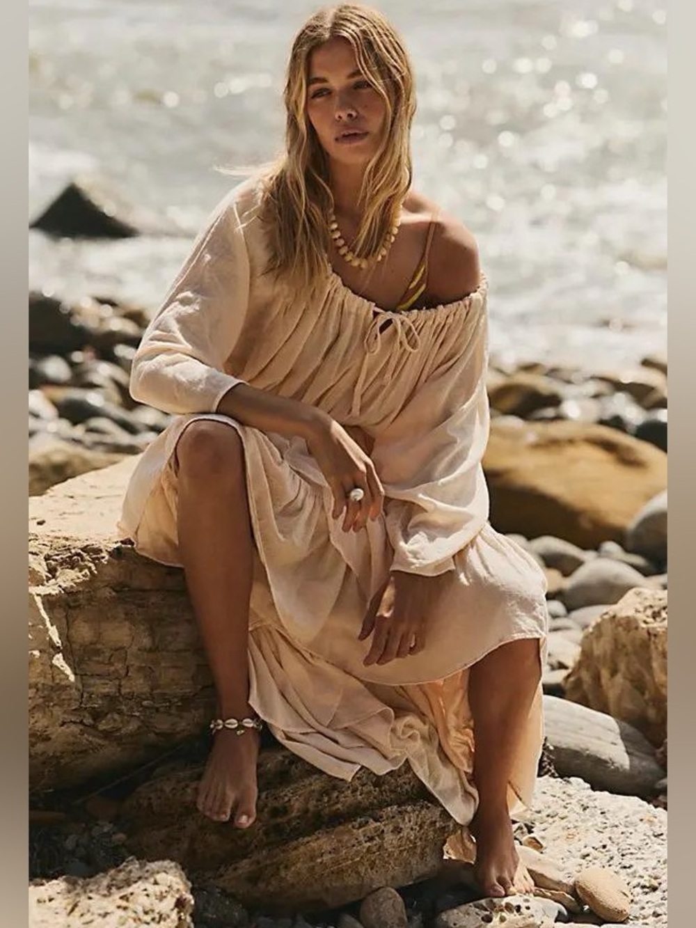 Free People Shore Chic Maxi Dress Buttercream Beige Small Boho Cottagecore - Picture 9 of 11